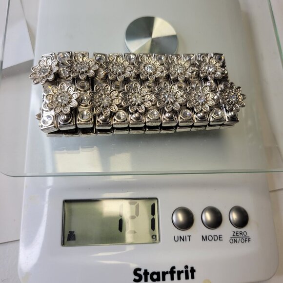 Silver Tone Floral Crystal Stretch Bracelet - Picture 7 of 7